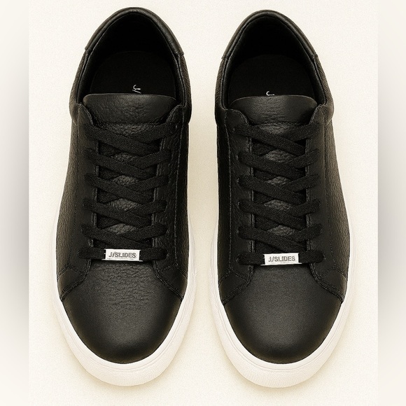 J/Slides Men’s Black Leather Lace-Up Sneakers Size 10M | Minimalist Low Top - Picture 1 of 8